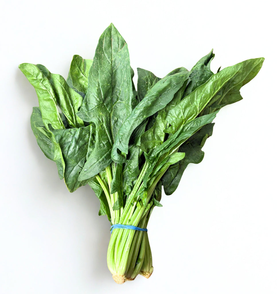 Bunch of fresh green spinach leaves on a white background